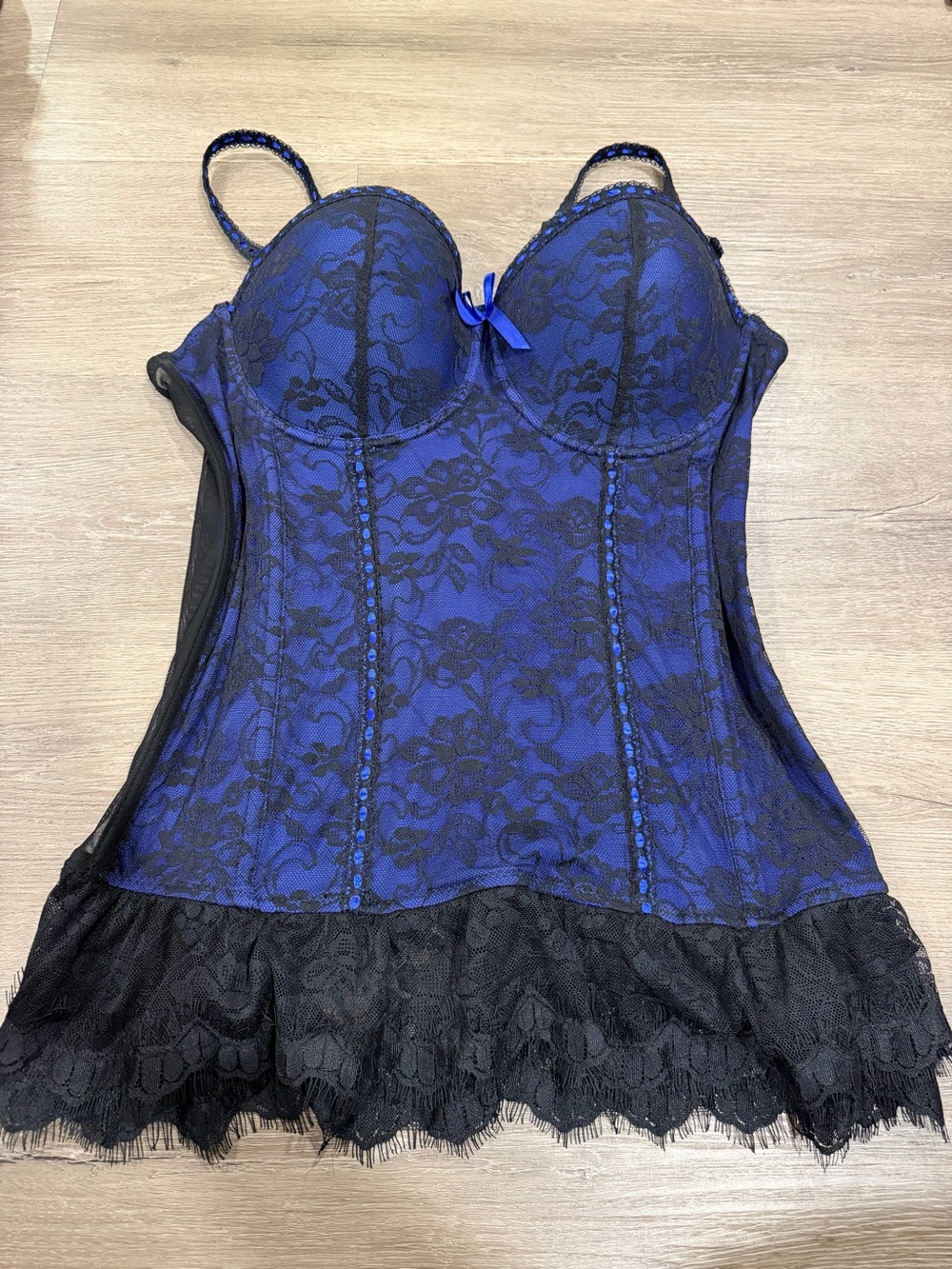 Blue Lace Bustier Chemise with Black Lace Trim